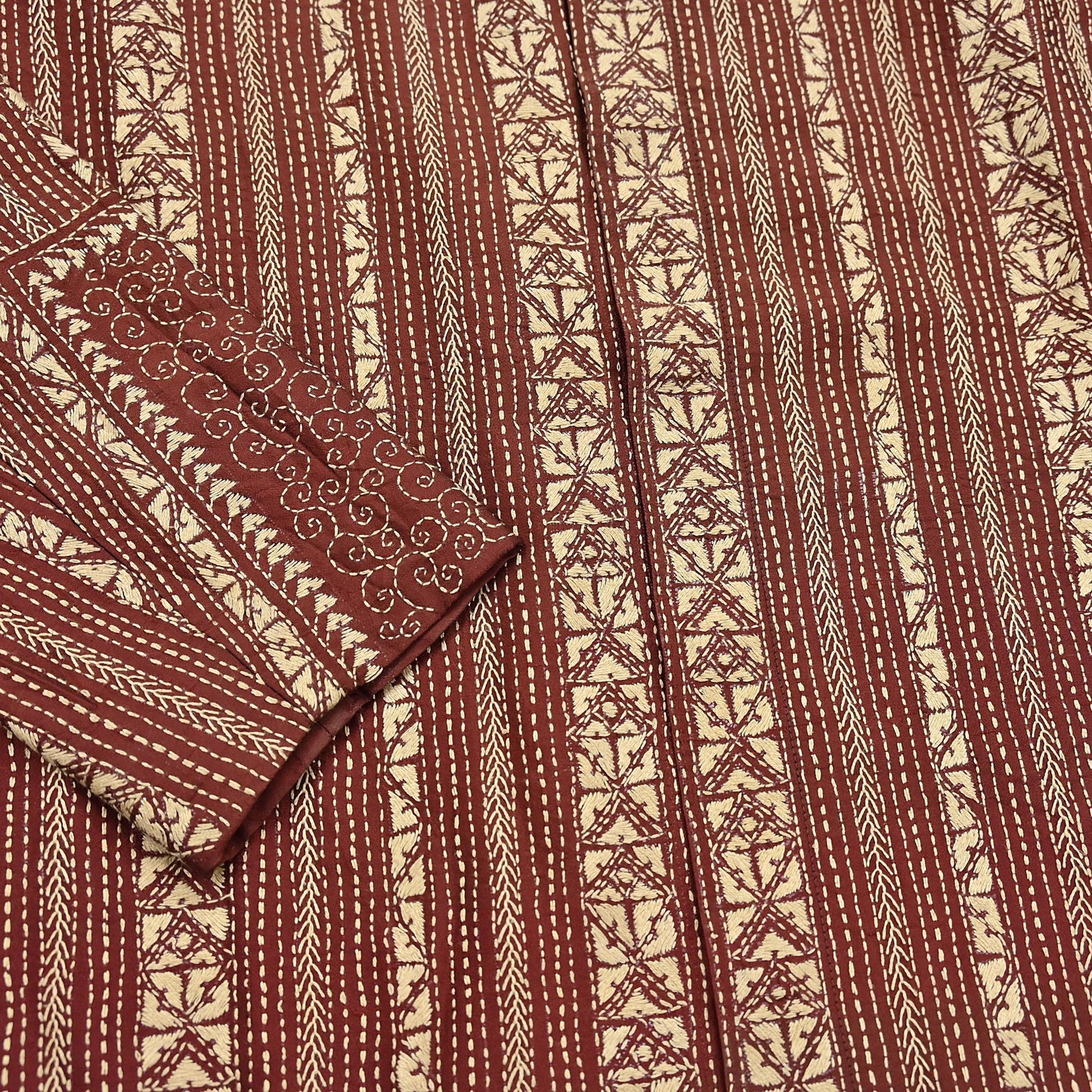 Vintage Kantha Silk Kurta Rusty Red Hand Embroidered Mens Indian Ethnic Kurta Boho Festival Long Kurta Dress
