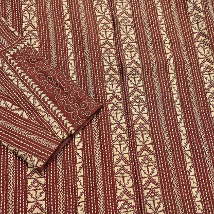 Vintage Kantha Silk Kurta Rusty Red Hand Embroidered Mens Indian Ethnic Kurta Boho Festival Long Kurta Dress