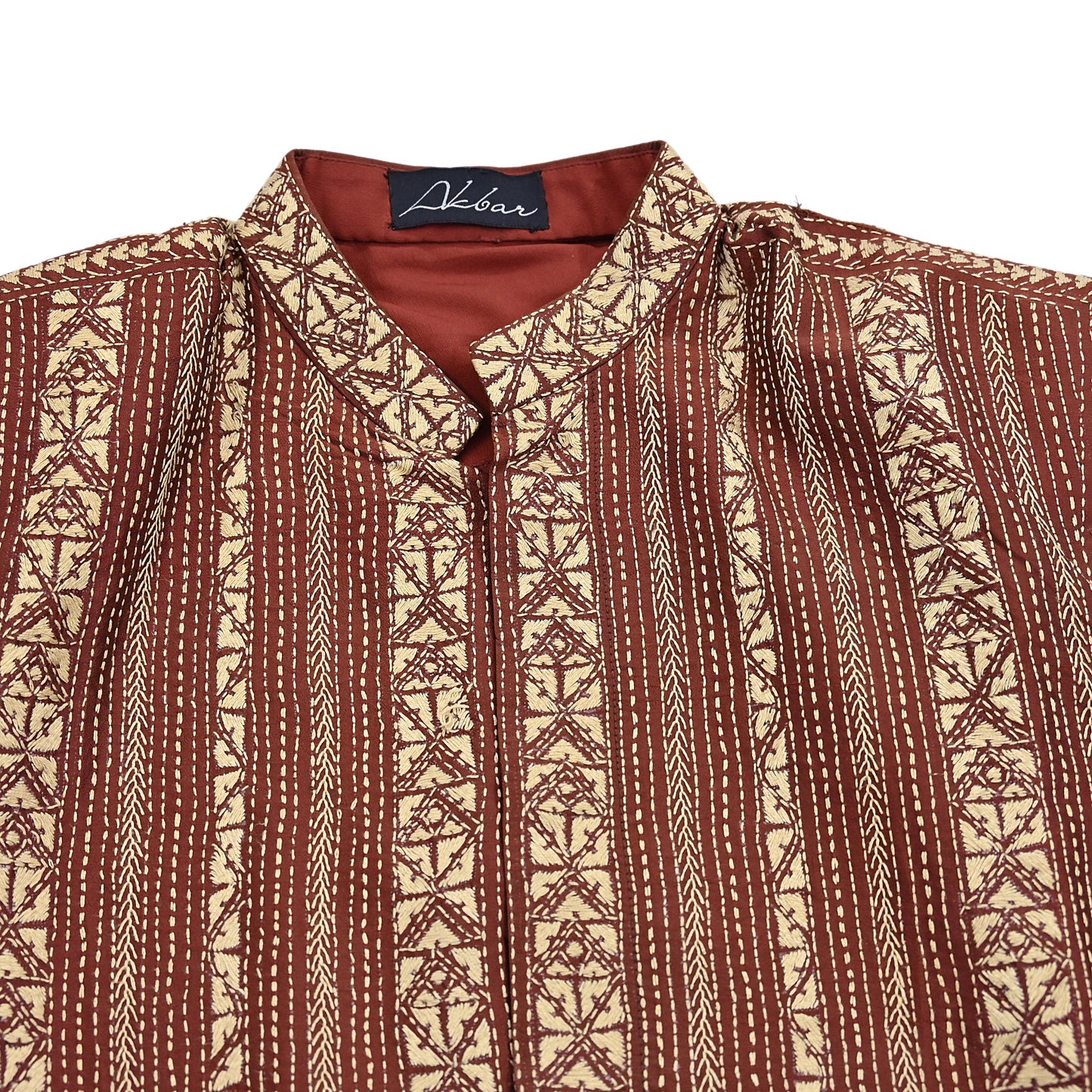 Vintage Kantha Silk Kurta Rusty Red Hand Embroidered Mens Indian Ethnic Kurta Boho Festival Long Kurta Dress