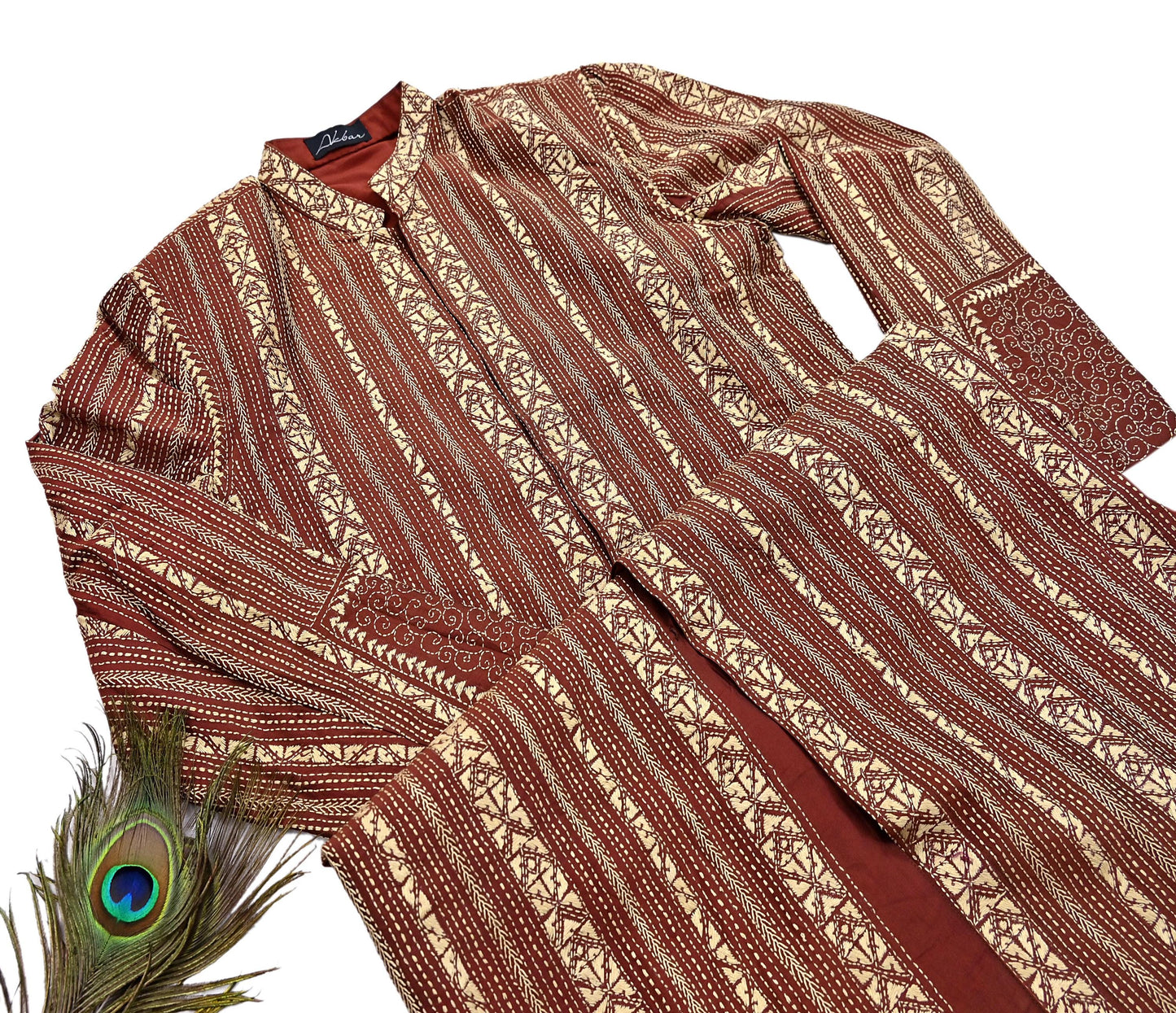 Vintage Kantha Silk Kurta Rusty Red Hand Embroidered Mens Indian Ethnic Kurta Boho Festival Long Kurta Dress