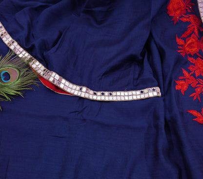 Indian Rare Vintage Zardozi Sarees Deep Blue Pure Silk Hand Embroidered Sari Fabric 5.5 Yards Sewing Ethnic Mirror