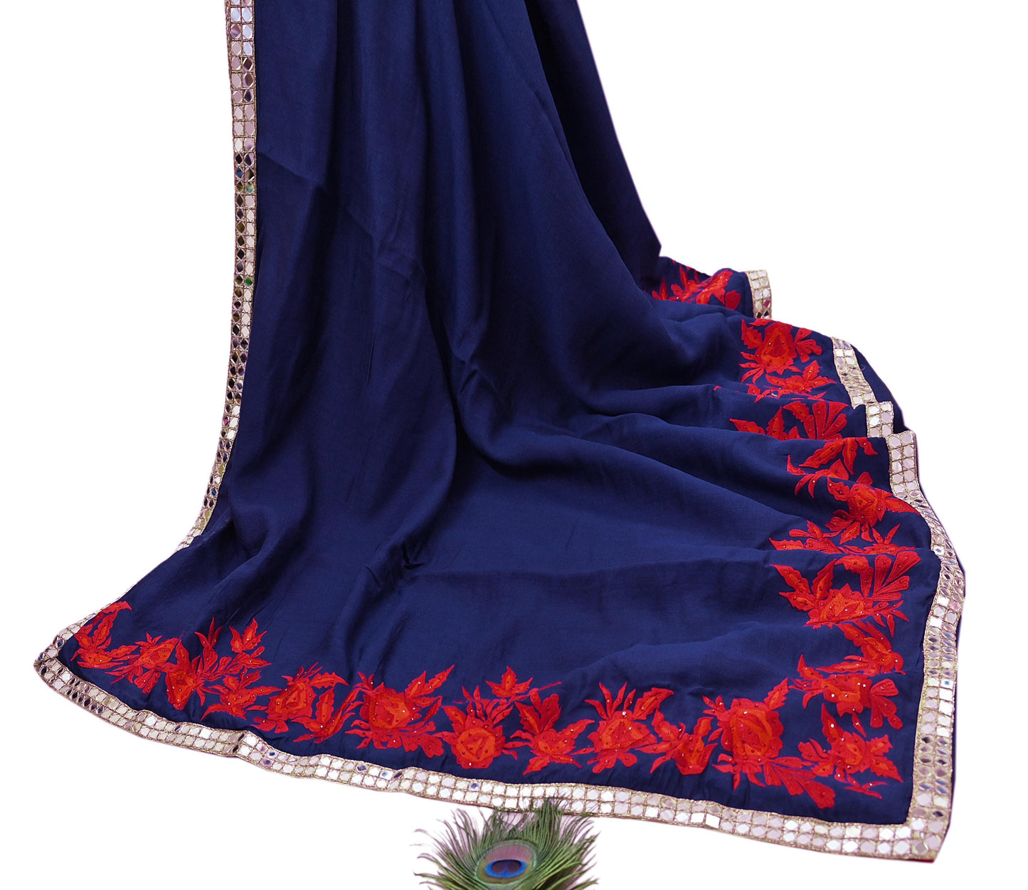 Indian Rare Vintage Zardozi Sarees Deep Blue Pure Silk Hand Embroidered Sari Fabric 5.5 Yards Sewing Ethnic Mirror