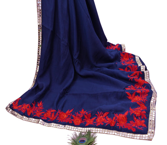 Indian Rare Vintage Zardozi Sarees Deep Blue Pure Silk Hand Embroidered Sari Fabric 5.5 Yards Sewing Ethnic Mirror