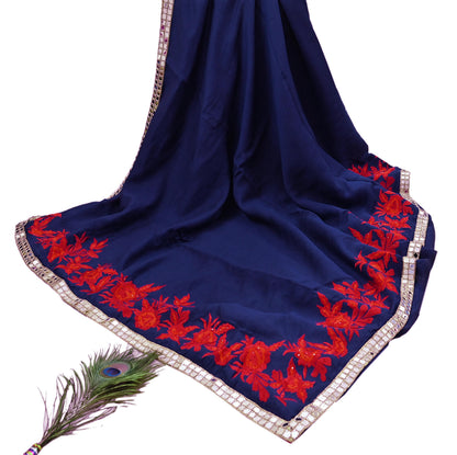 Indian Rare Vintage Zardozi Sarees Deep Blue Pure Silk Hand Embroidered Sari Fabric 5.5 Yards Sewing Ethnic Mirror