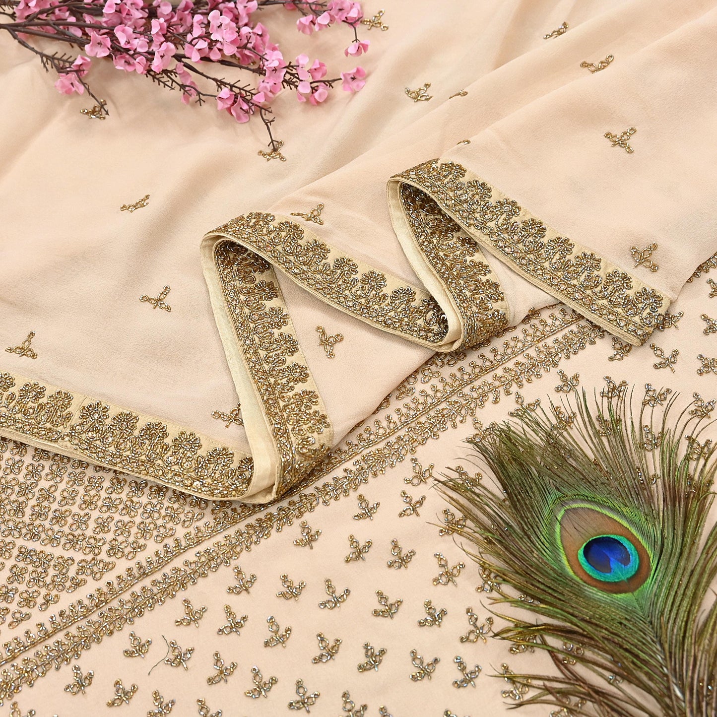 Rare Vintage Beige Pure Georgette Silk Saree Hand Embroidered Designer Sabyasachi Sari 6 Yard Bollywood Party Wear with Blouse Fabric