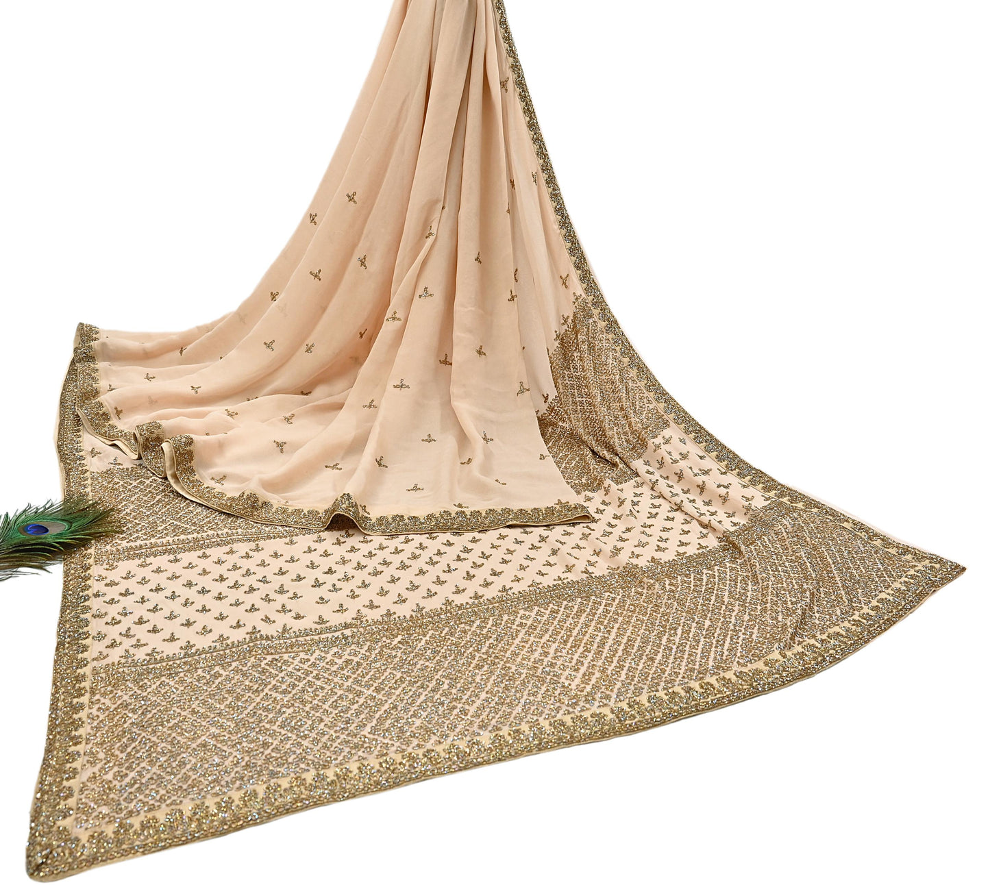 Rare Vintage Beige Pure Georgette Silk Saree Hand Embroidered Designer Sabyasachi Sari 6 Yard Bollywood Party Wear with Blouse Fabric