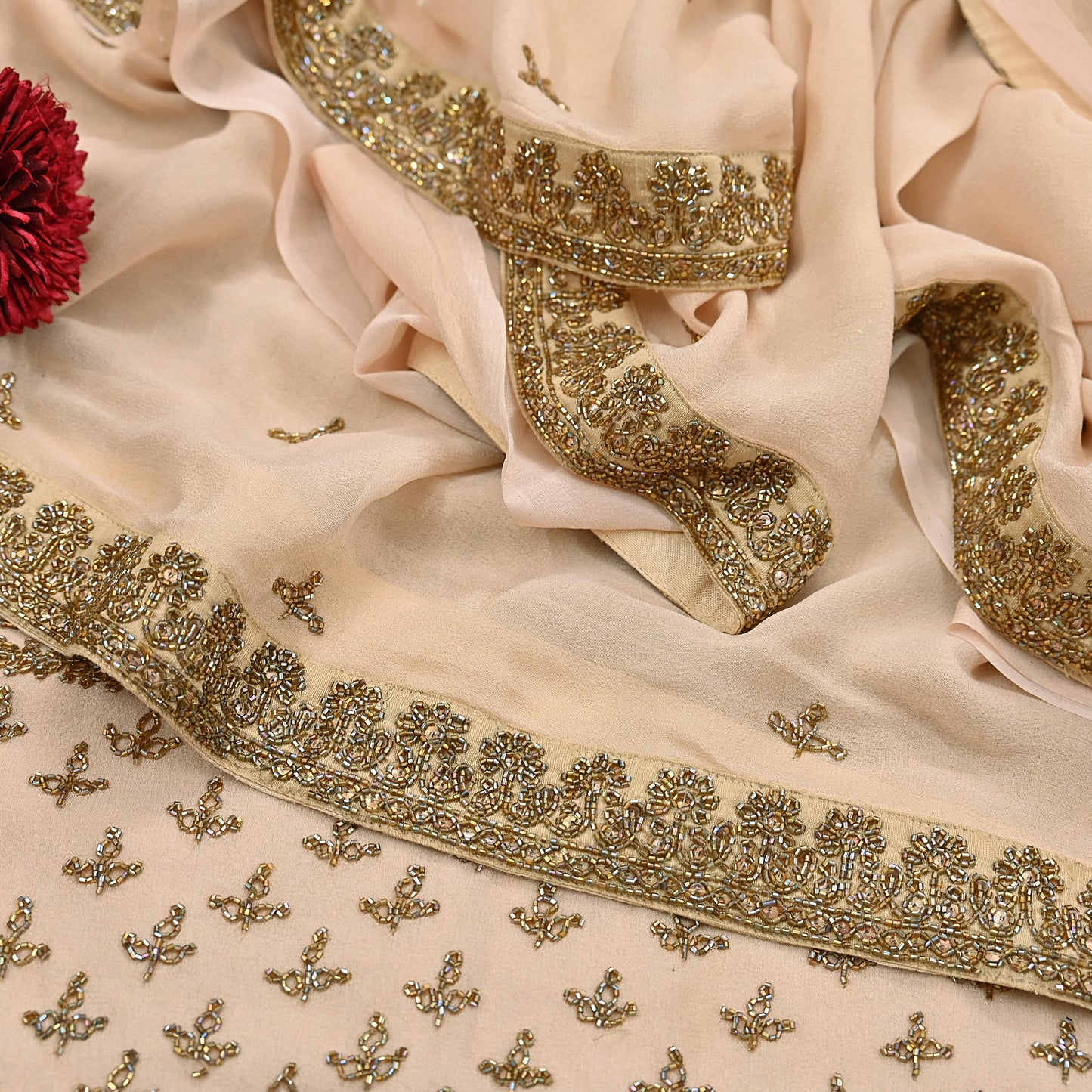 Rare Vintage Beige Pure Georgette Silk Saree Hand Embroidered Designer Sabyasachi Sari 6 Yard Bollywood Party Wear with Blouse Fabric