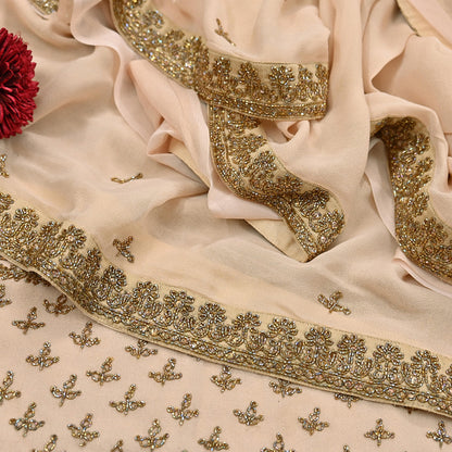 Rare Vintage Beige Pure Georgette Silk Saree Hand Embroidered Designer Sabyasachi Sari 6 Yard Bollywood Party Wear with Blouse Fabric