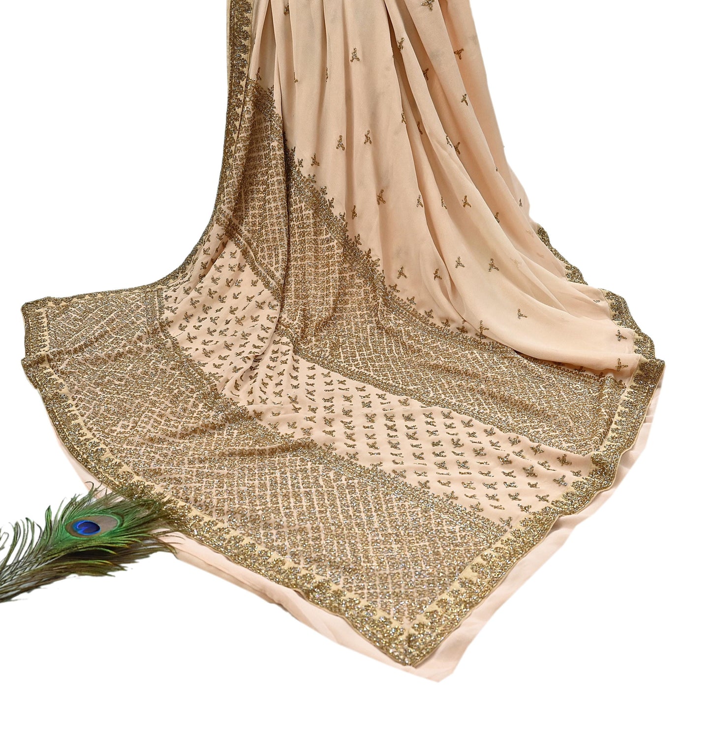 Rare Vintage Beige Pure Georgette Silk Saree Hand Embroidered Designer Sabyasachi Sari 6 Yard Bollywood Party Wear with Blouse Fabric