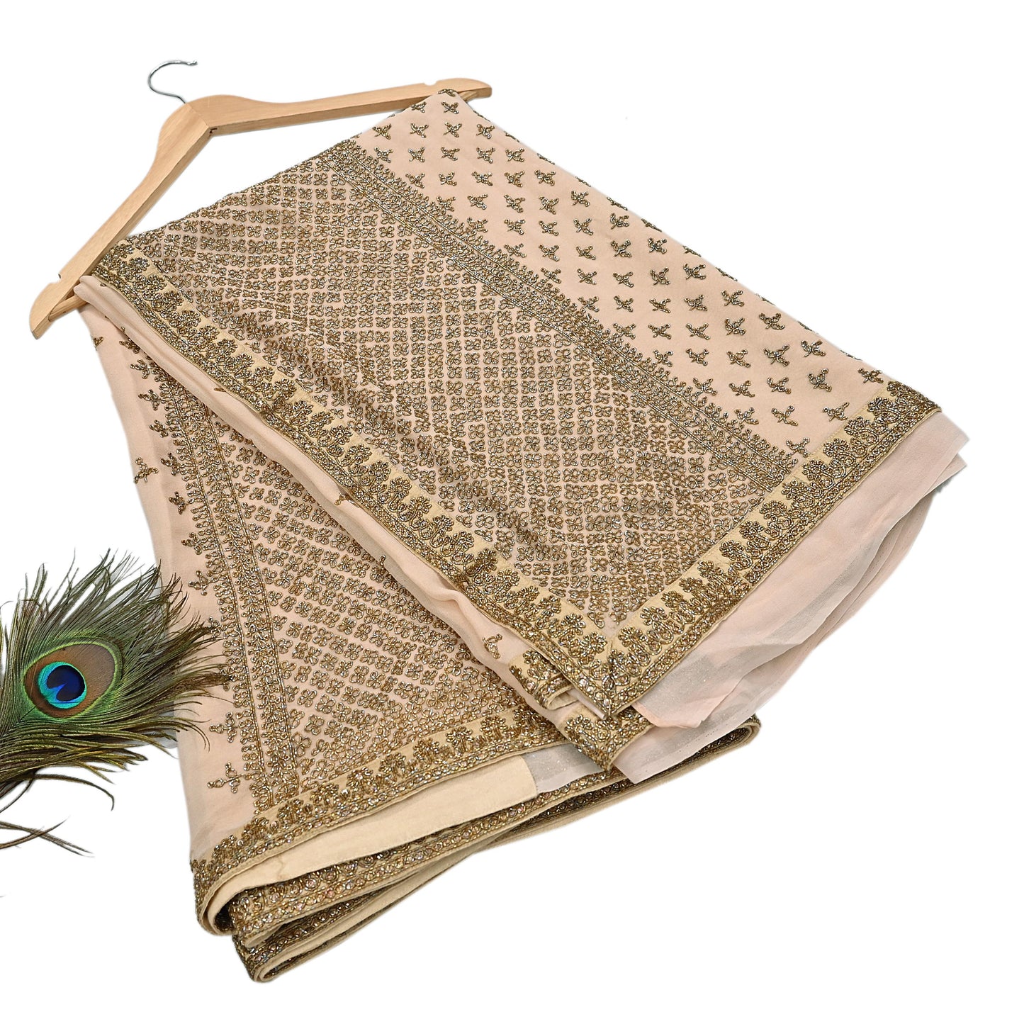 Rare Vintage Beige Pure Georgette Silk Saree Hand Embroidered Designer Sabyasachi Sari 6 Yard Bollywood Party Wear with Blouse Fabric