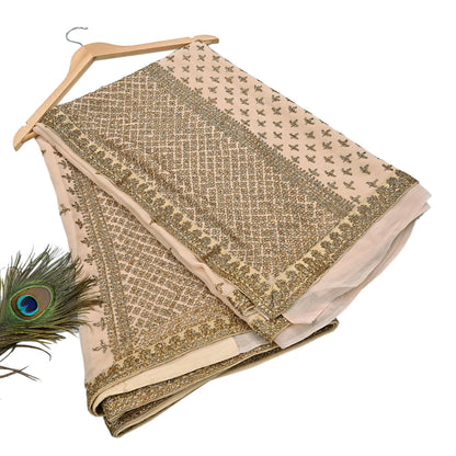 Rare Vintage Beige Pure Georgette Silk Saree Hand Embroidered Designer Sabyasachi Sari 6 Yard Bollywood Party Wear with Blouse Fabric