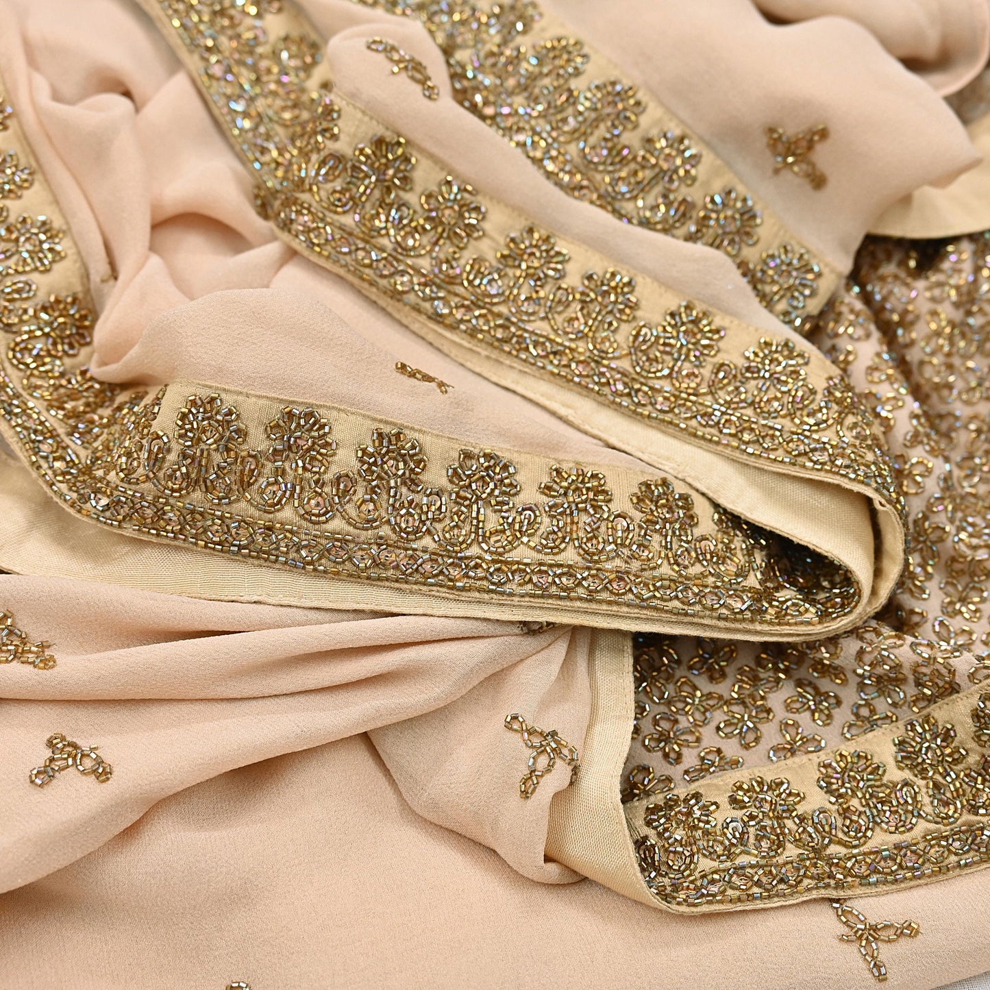 Rare Vintage Beige Pure Georgette Silk Saree Hand Embroidered Designer Sabyasachi Sari 6 Yard Bollywood Party Wear with Blouse Fabric
