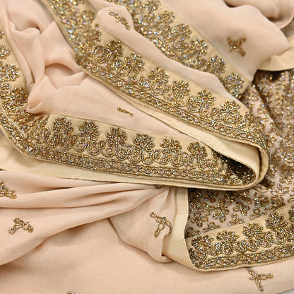 Rare Vintage Beige Pure Georgette Silk Saree Hand Embroidered Designer Sabyasachi Sari 6 Yard Bollywood Party Wear with Blouse Fabric