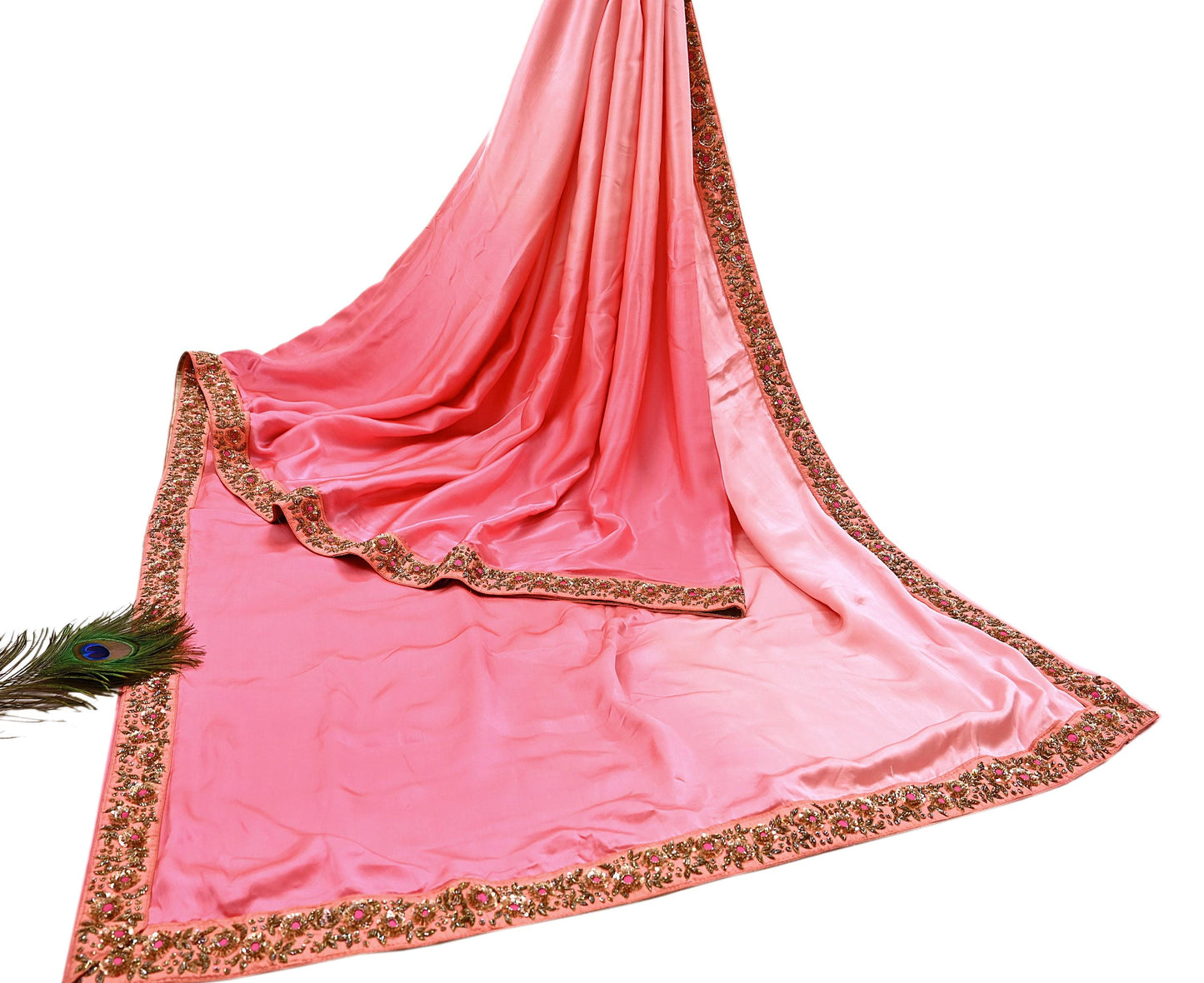 Rare Peach Pure Satin Silk Saree Zardozi Hand Embroidered Designer Sabyasachi Sari 5.5 Yard Bollywood Party Wear