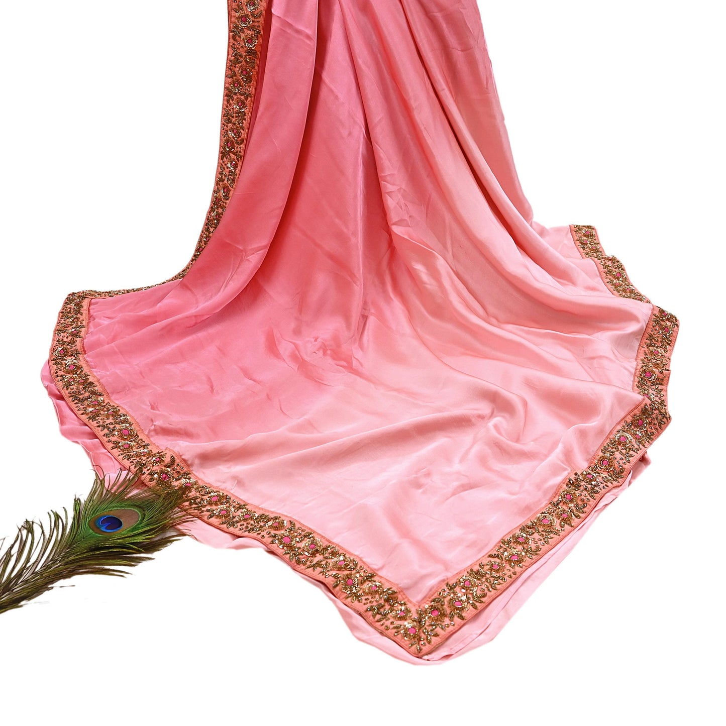 Rare Peach Pure Satin Silk Saree Zardozi Hand Embroidered Designer Sabyasachi Sari 5.5 Yard Bollywood Party Wear