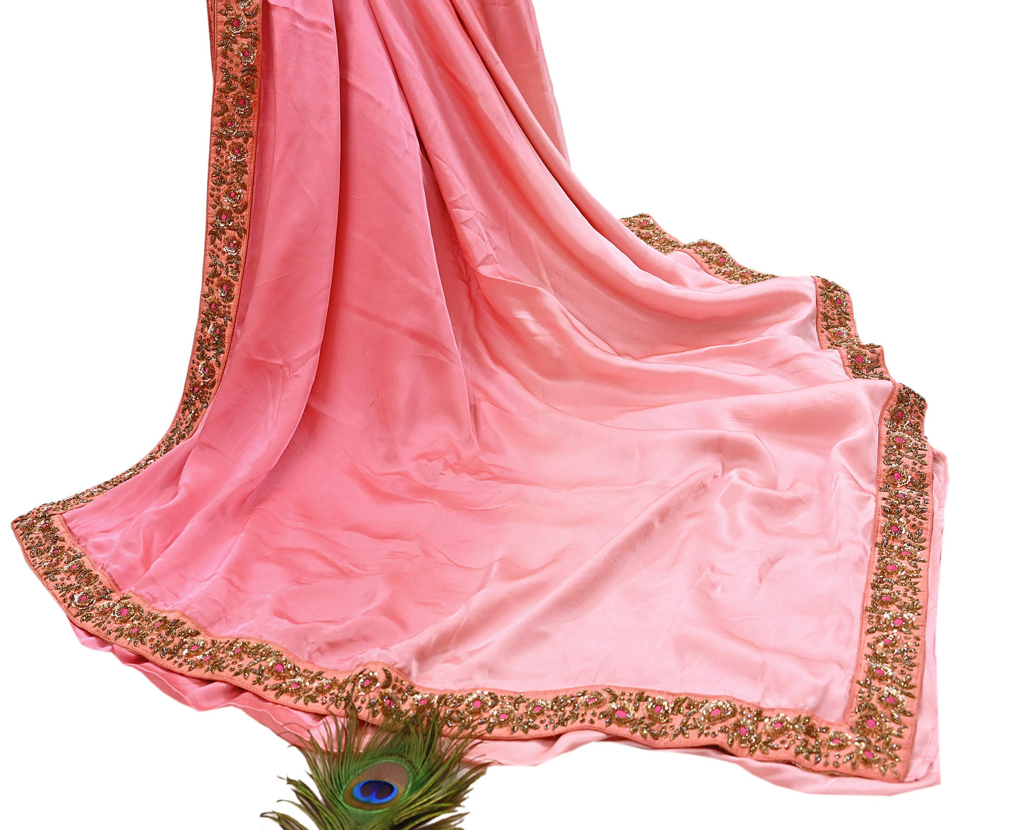 Rare Peach Pure Satin Silk Saree Zardozi Hand Embroidered Designer Sabyasachi Sari 5.5 Yard Bollywood Party Wear