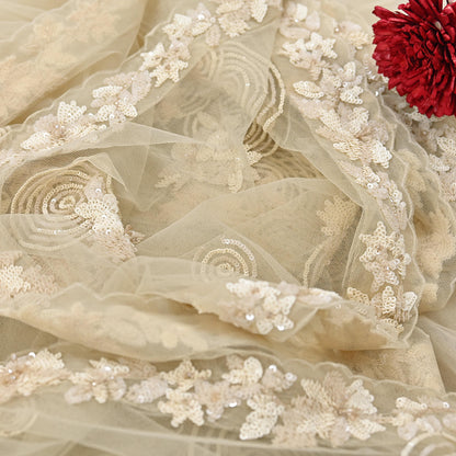Rare Ivory Net Saree Hand Embroidered Designer Anamika Khanna Sari 6 Yard Bollywood Party Wear