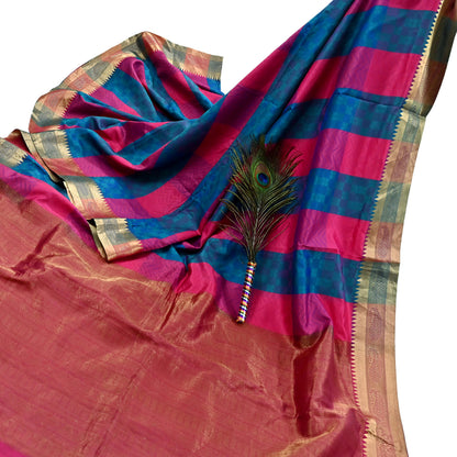 Indian Vintage Heavy Pink & Green Kanjivaram Saree 100% Pure Silk Zari 5Yd Floral Crafting Dress making Crafting Quilting Bollywood Saree