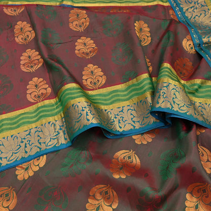 Indian Vintage Heavy Blue, Green & maroon Kanjivaram Saree 100% Pure Silk Zari 5Yd Floral Dress making Crafting Quilting Bollywood Saree