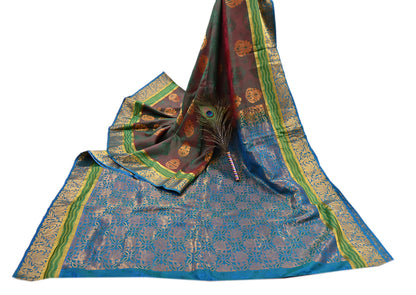 Indian Vintage Heavy Blue, Green & maroon Kanjivaram Saree 100% Pure Silk Zari 5Yd Floral Dress making Crafting Quilting Bollywood Saree