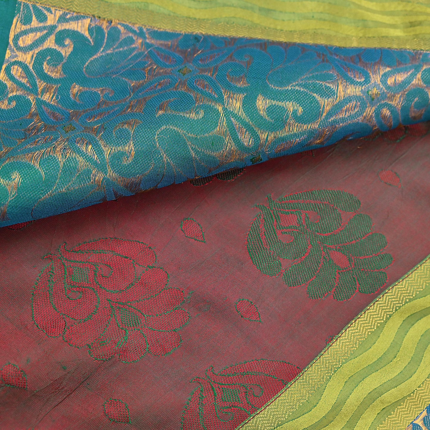 Indian Vintage Heavy Blue, Green & maroon Kanjivaram Saree 100% Pure Silk Zari 5Yd Floral Dress making Crafting Quilting Bollywood Saree