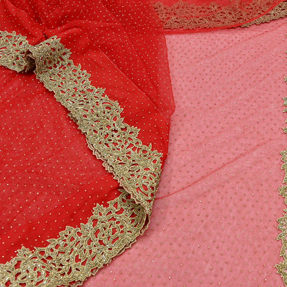 Indian Vintage Sari Red Net/Mesh Hand Embroidered Sarees Ethnic Craft Fabric 5Yd Sewing Soft Wedding Sarees Dress making Crafting