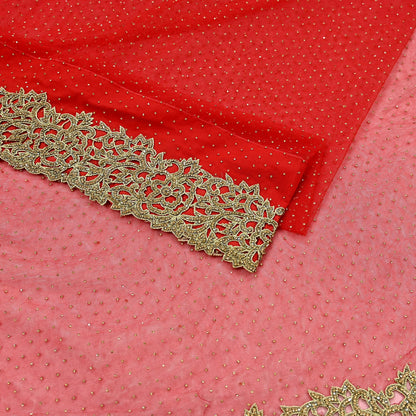 Indian Vintage Sari Red Net/Mesh Hand Embroidered Sarees Ethnic Craft Fabric 5Yd Sewing Soft Wedding Sarees Dress making Crafting