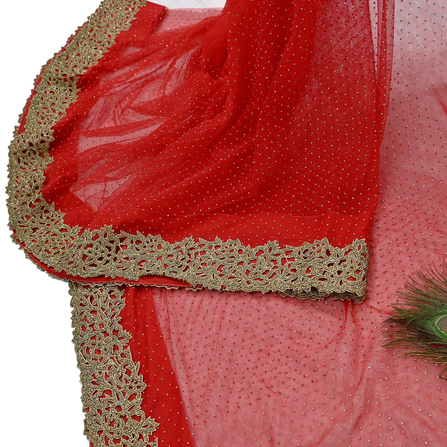 Indian Vintage Sari Red Net/Mesh Hand Embroidered Sarees Ethnic Craft Fabric 5Yd Sewing Soft Wedding Sarees Dress making Crafting