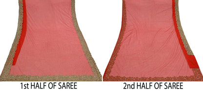 Indian Vintage Sari Red Net/Mesh Hand Embroidered Sarees Ethnic Craft Fabric 5Yd Sewing Soft Wedding Sarees Dress making Crafting