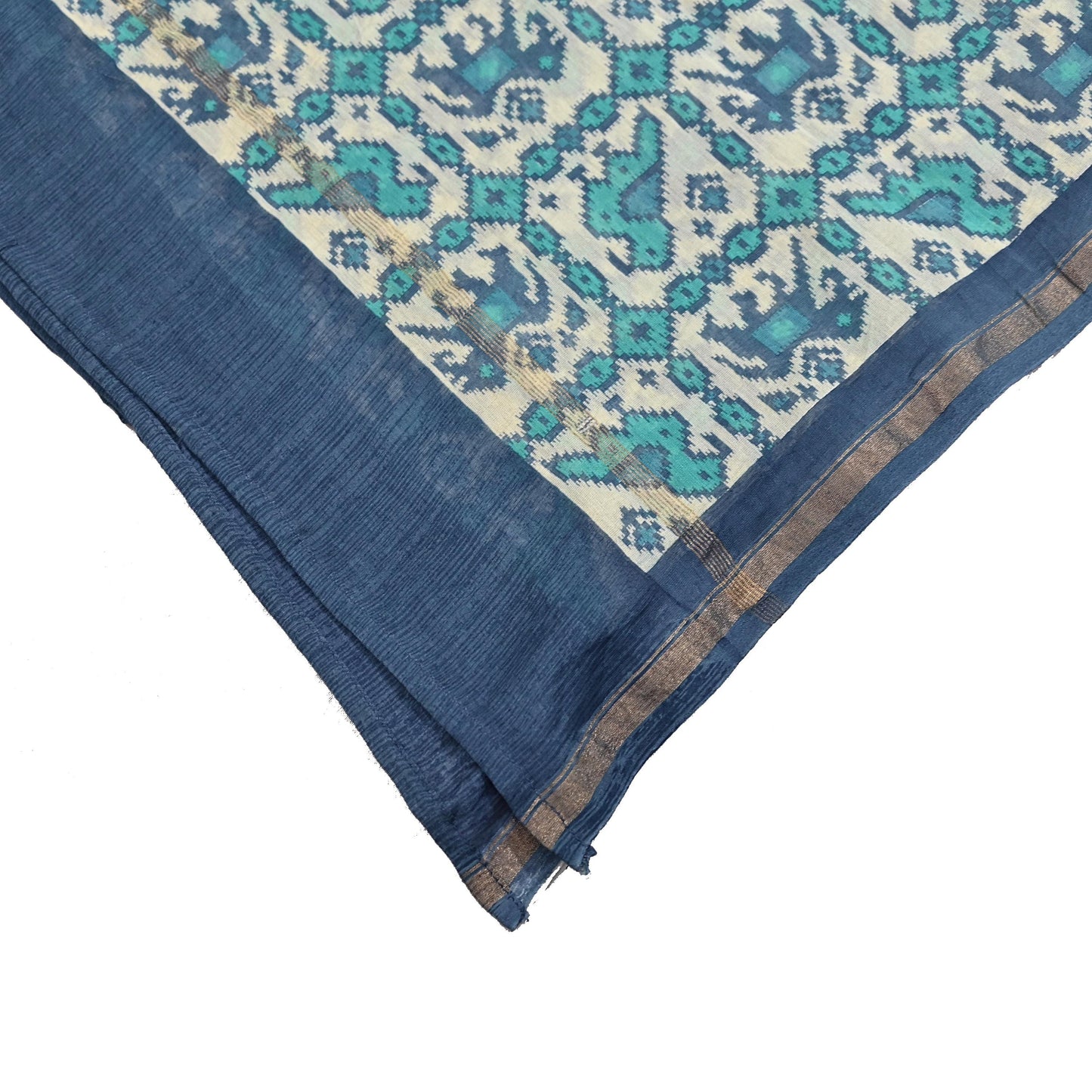 Indian Vintage Dupatta Ivory & Blue Long Stole Block Print Pure Chanderi Silk Scarves Veil Zari Wrap Hijab