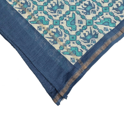 Indian Vintage Dupatta Ivory & Blue Long Stole Block Print Pure Chanderi Silk Scarves Veil Zari Wrap Hijab