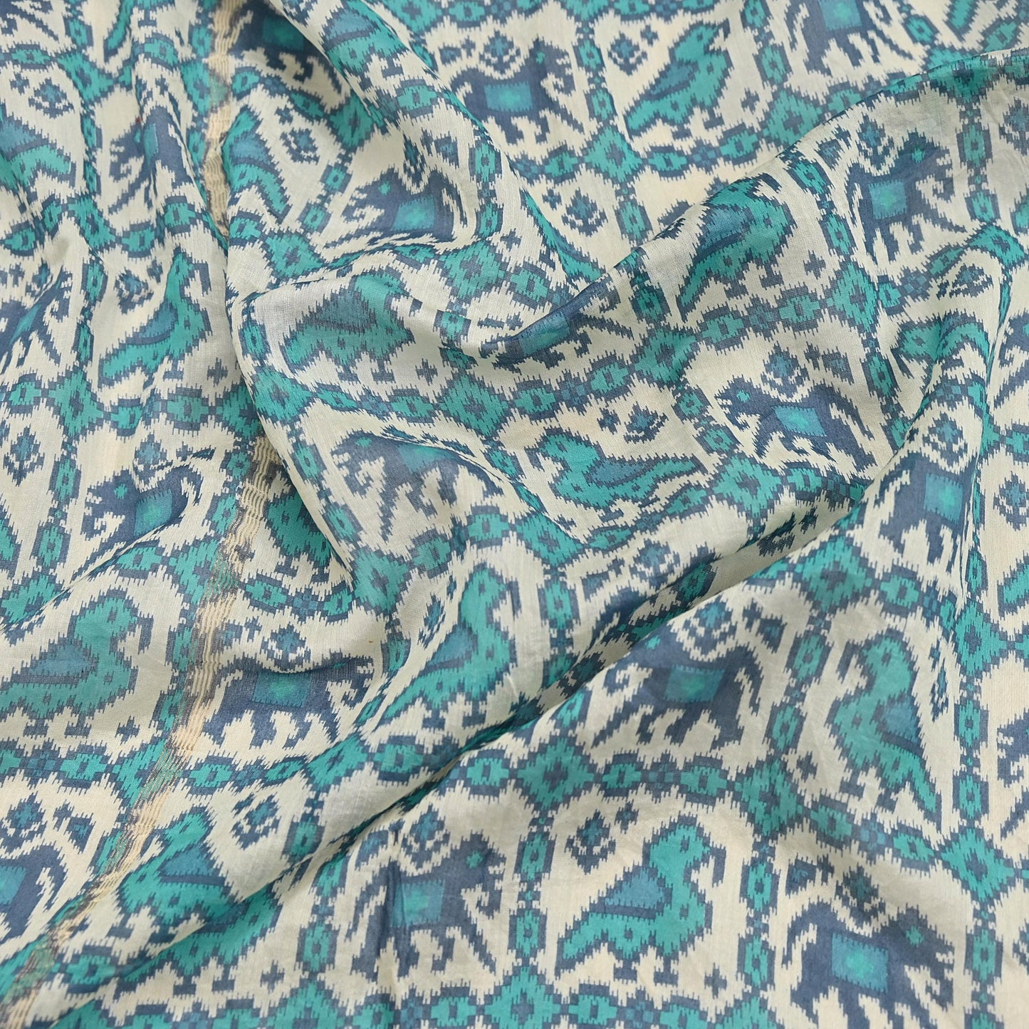 Indian Vintage Dupatta Ivory & Blue Long Stole Block Print Pure Chanderi Silk Scarves Veil Zari Wrap Hijab
