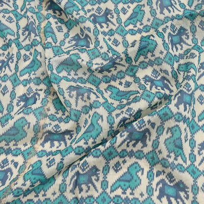 Indian Vintage Dupatta Ivory & Blue Long Stole Block Print Pure Chanderi Silk Scarves Veil Zari Wrap Hijab
