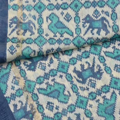Indian Vintage Dupatta Ivory & Blue Long Stole Block Print Pure Chanderi Silk Scarves Veil Zari Wrap Hijab