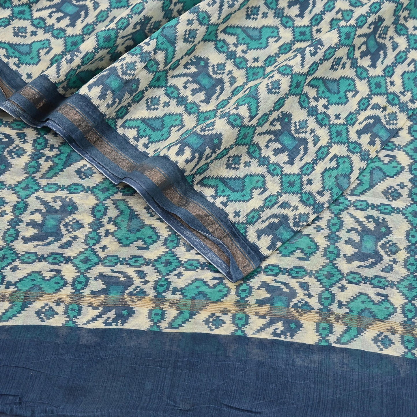 Indian Vintage Dupatta Ivory & Blue Long Stole Block Print Pure Chanderi Silk Scarves Veil Zari Wrap Hijab