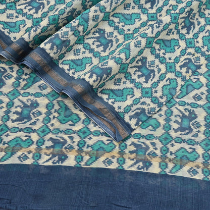 Indian Vintage Dupatta Ivory & Blue Long Stole Block Print Pure Chanderi Silk Scarves Veil Zari Wrap Hijab