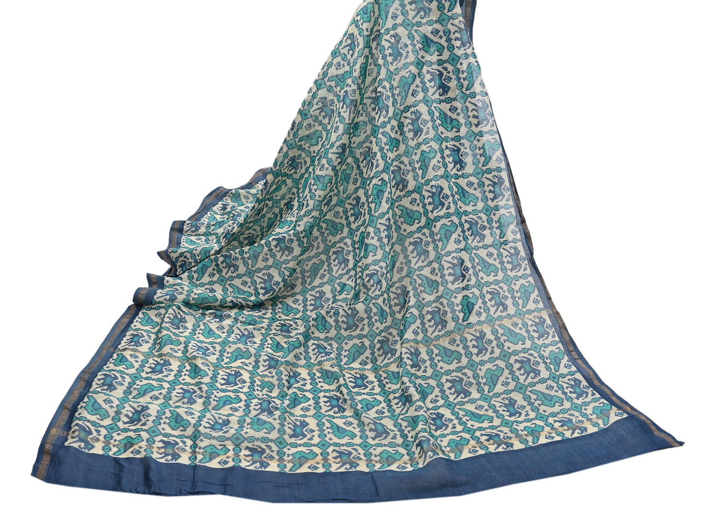 Indian Vintage Dupatta Ivory & Blue Long Stole Block Print Pure Chanderi Silk Scarves Veil Zari Wrap Hijab
