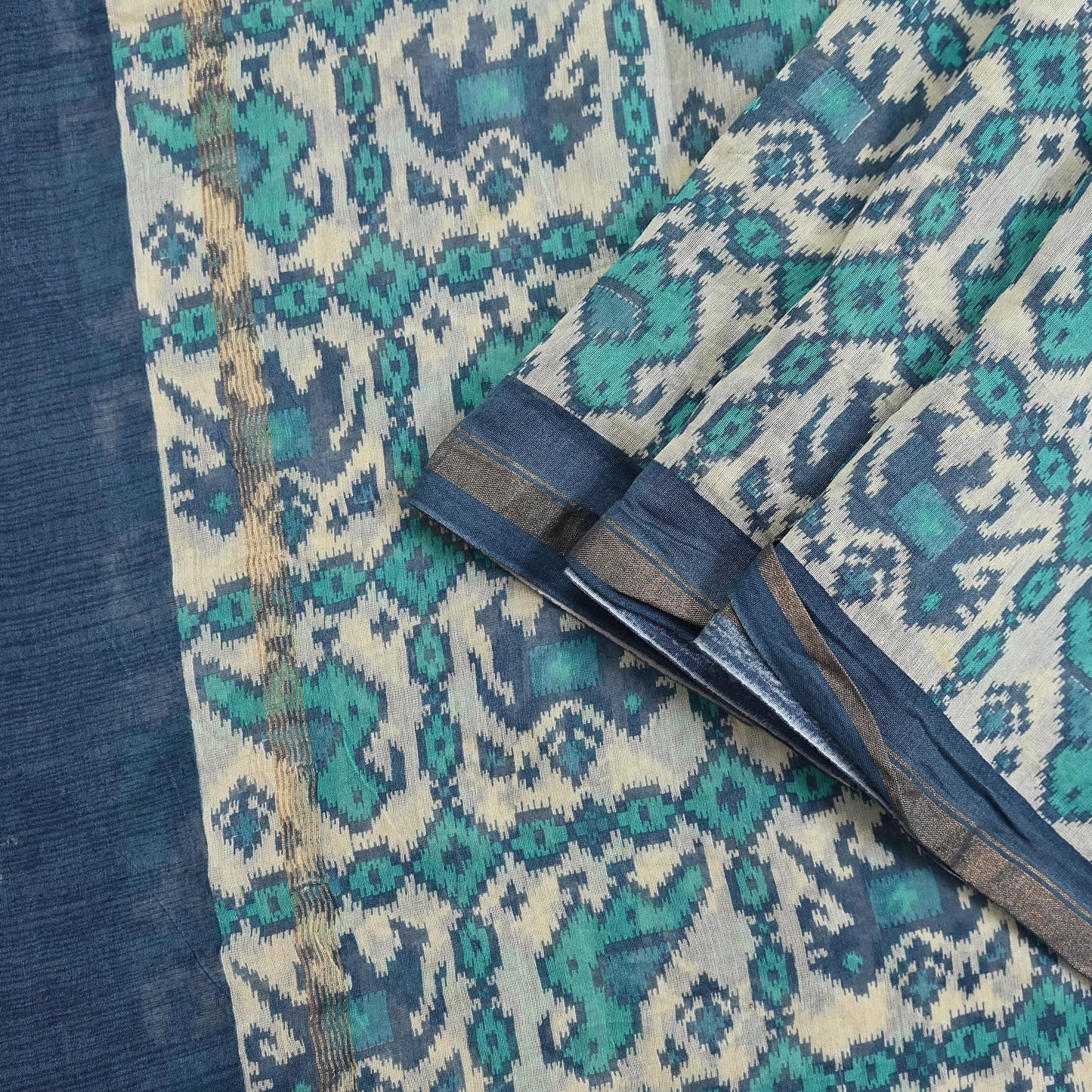 Indian Vintage Dupatta Ivory & Blue Long Stole Block Print Pure Chanderi Silk Scarves Veil Zari Wrap Hijab