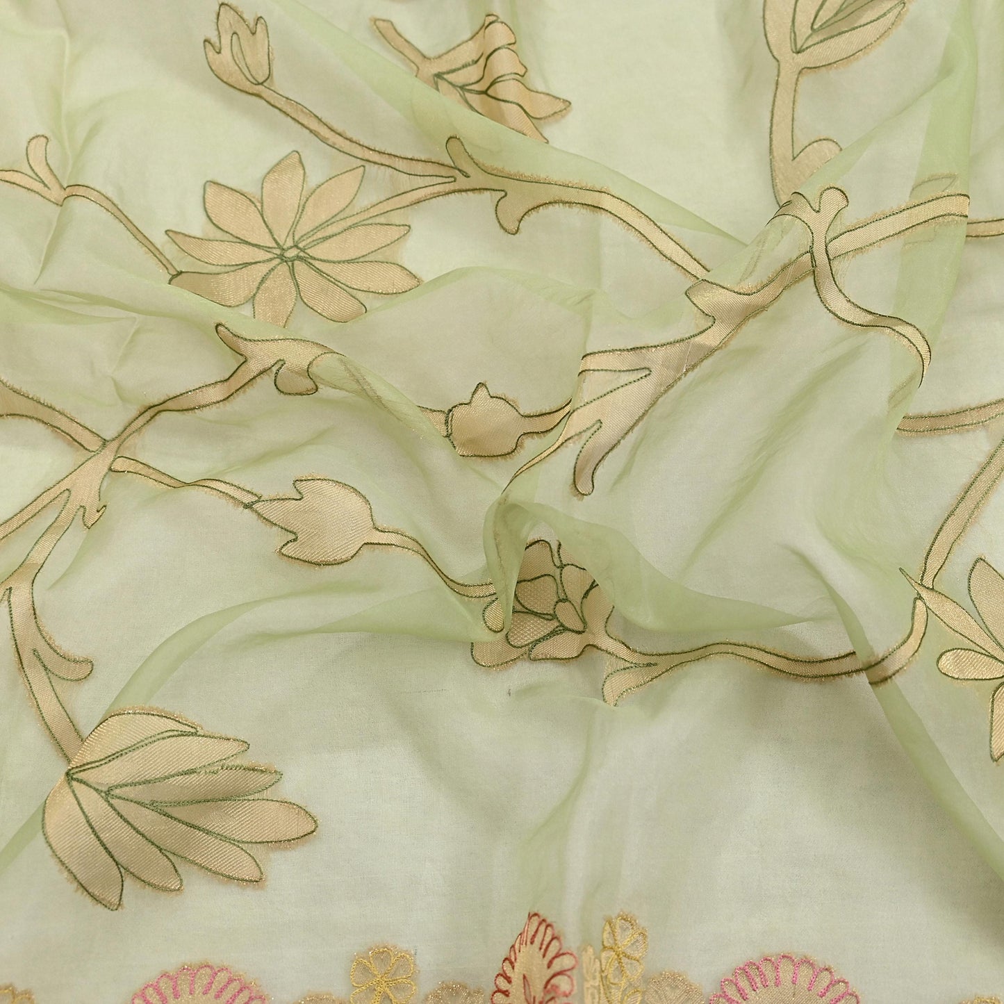 Indian Vintage Pista Green Dupatta Pure Organza Silk Long Stole Embroidered Scarves Veil Soft Floral Design Wrap Boho Party wear
