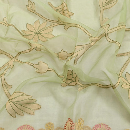 Indian Vintage Pista Green Dupatta Pure Organza Silk Long Stole Embroidered Scarves Veil Soft Floral Design Wrap Boho Party wear