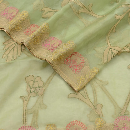Indian Vintage Pista Green Dupatta Pure Organza Silk Long Stole Embroidered Scarves Veil Soft Floral Design Wrap Boho Party wear