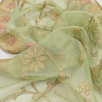 Indian Vintage Pista Green Dupatta Pure Organza Silk Long Stole Embroidered Scarves Veil Soft Floral Design Wrap Boho Party wear