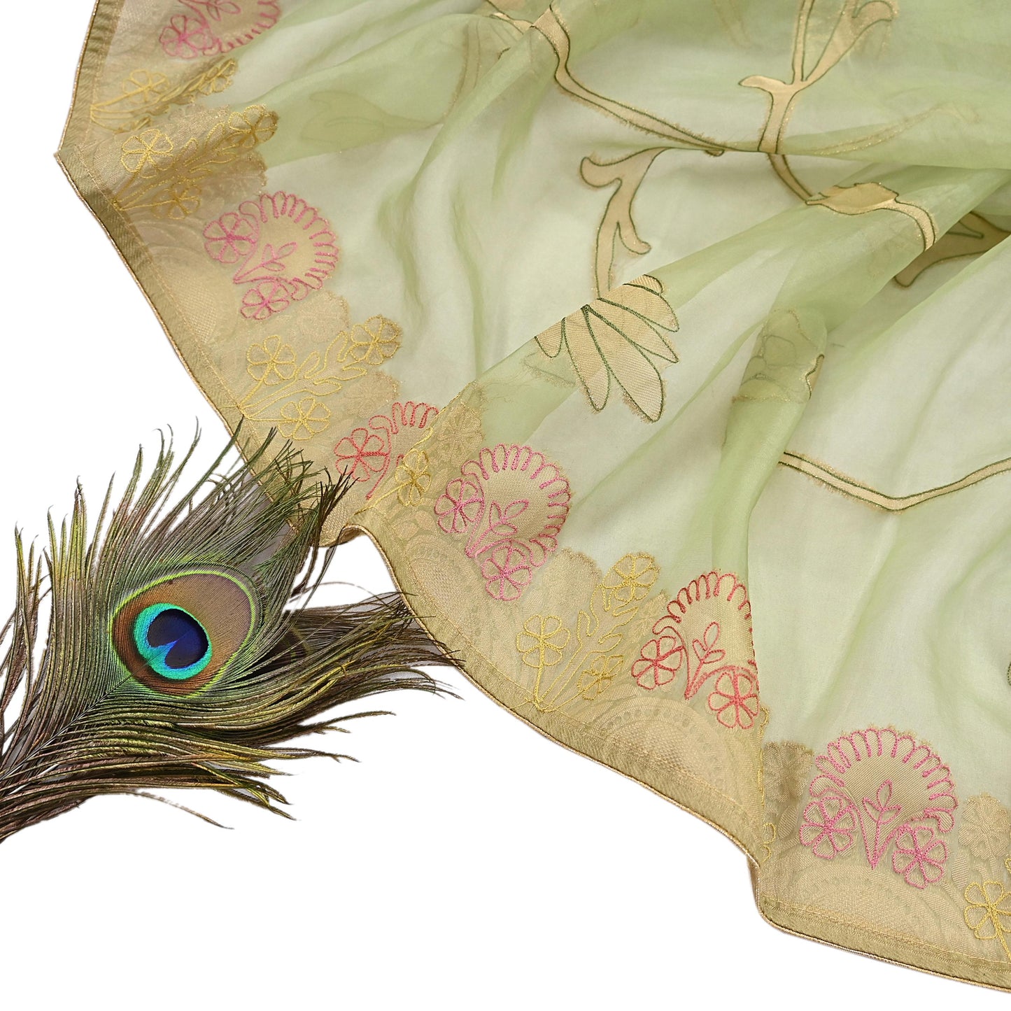 Indian Vintage Pista Green Dupatta Pure Organza Silk Long Stole Embroidered Scarves Veil Soft Floral Design Wrap Boho Party wear