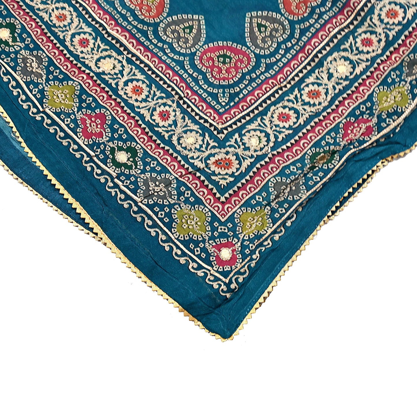 Indian Vintage Dupatta Teal Blue Long Stole Hand Embroidered Printed Pure Silk Scarves Veil Wrap Soft Floral