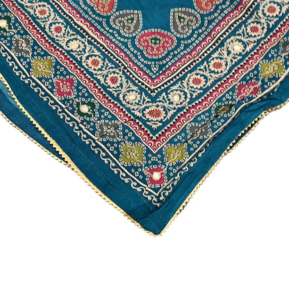 Indian Vintage Dupatta Teal Blue Long Stole Hand Embroidered Printed Pure Silk Scarves Veil Wrap Soft Floral