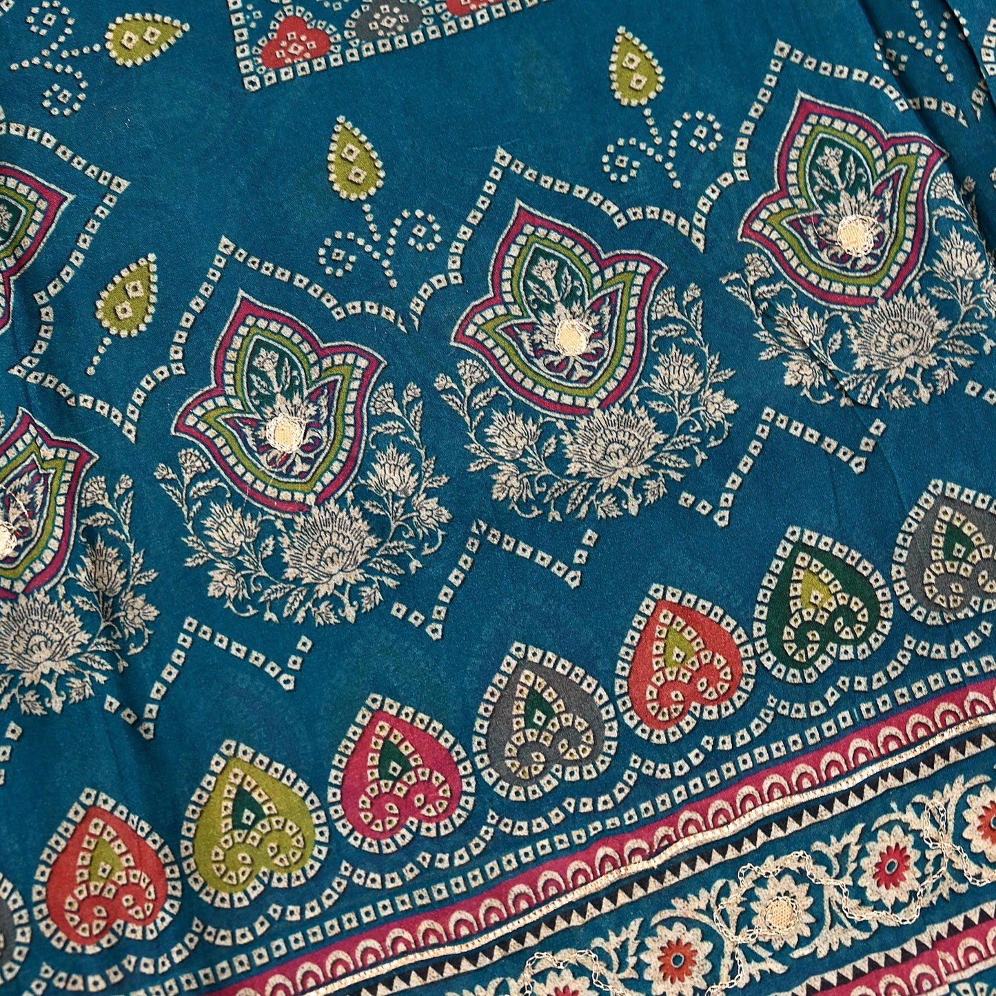Indian Vintage Dupatta Teal Blue Long Stole Hand Embroidered Printed Pure Silk Scarves Veil Wrap Soft Floral
