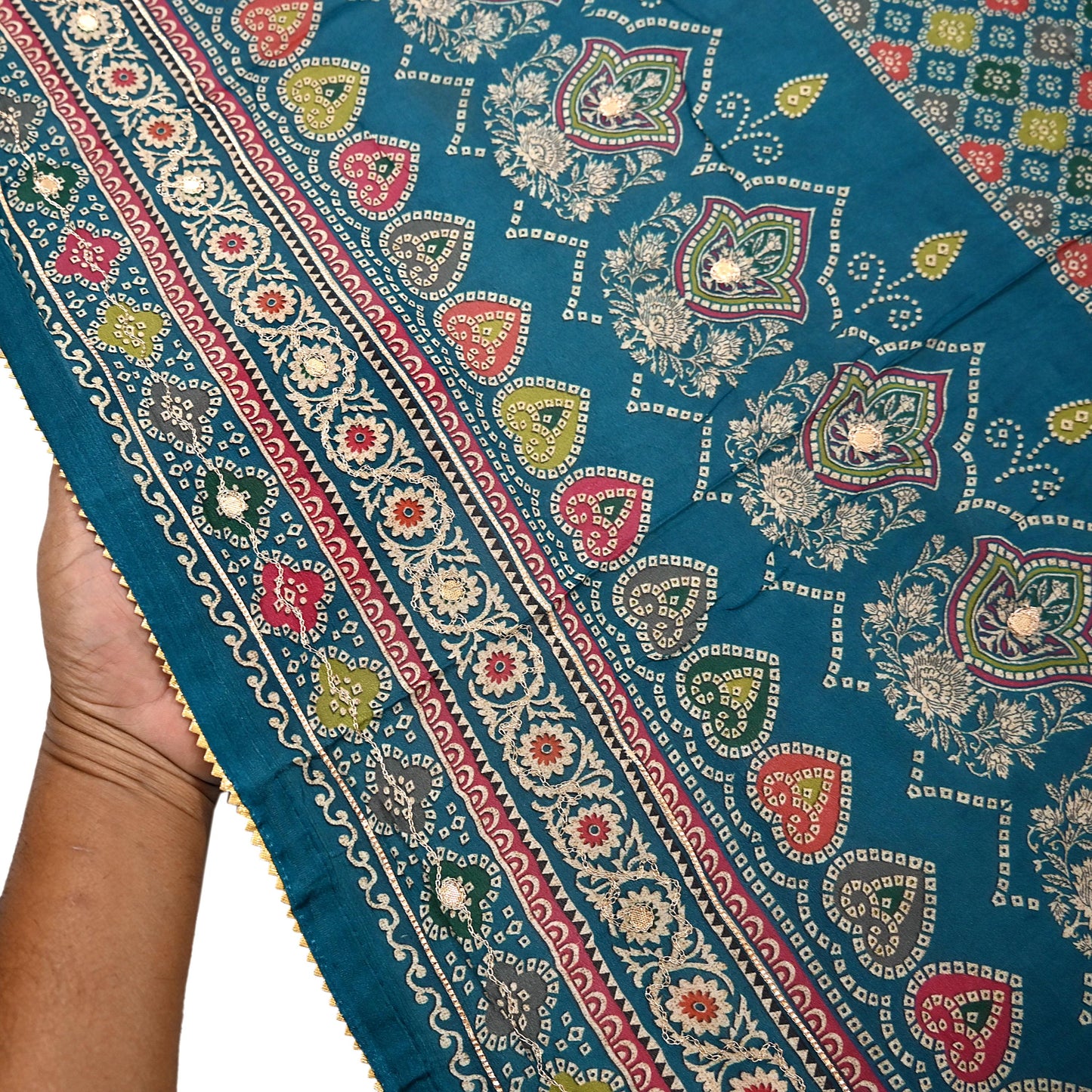 Indian Vintage Dupatta Teal Blue Long Stole Hand Embroidered Printed Pure Silk Scarves Veil Wrap Soft Floral