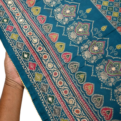 Indian Vintage Dupatta Teal Blue Long Stole Hand Embroidered Printed Pure Silk Scarves Veil Wrap Soft Floral