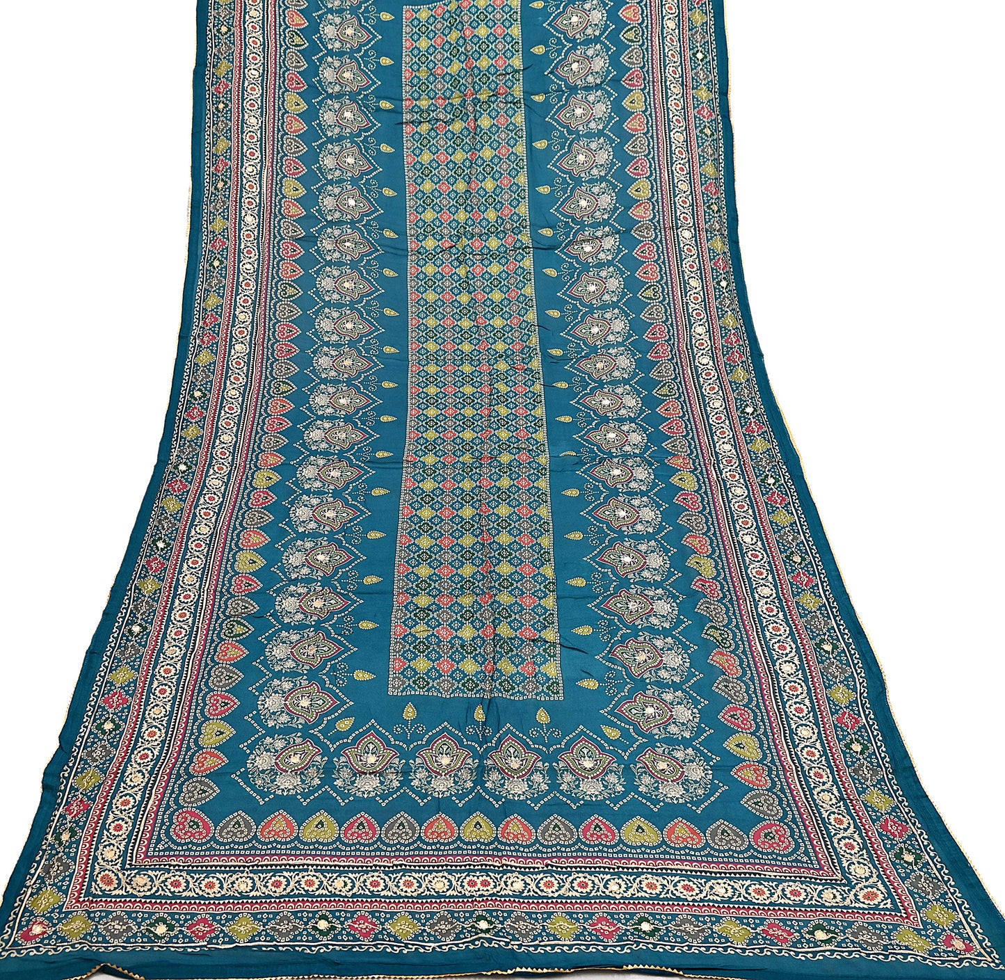 Indian Vintage Dupatta Teal Blue Long Stole Hand Embroidered Printed Pure Silk Scarves Veil Wrap Soft Floral