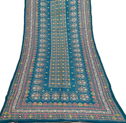 Indian Vintage Dupatta Teal Blue Long Stole Hand Embroidered Printed Pure Silk Scarves Veil Wrap Soft Floral